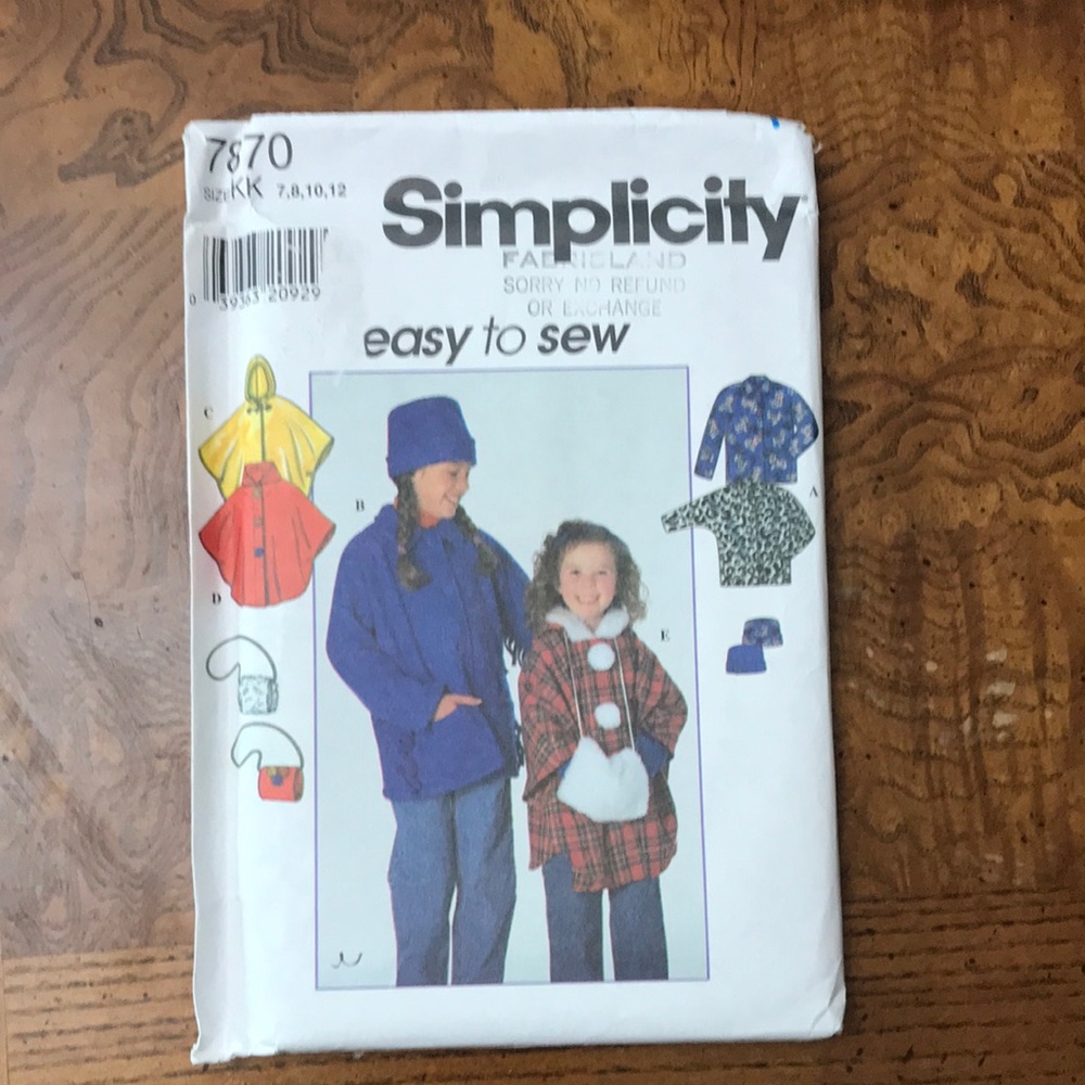 UNCUT Vintage Simplicity 7870 Girls Jacket Poncho Hat and Muff Sz 7 8 10 12
